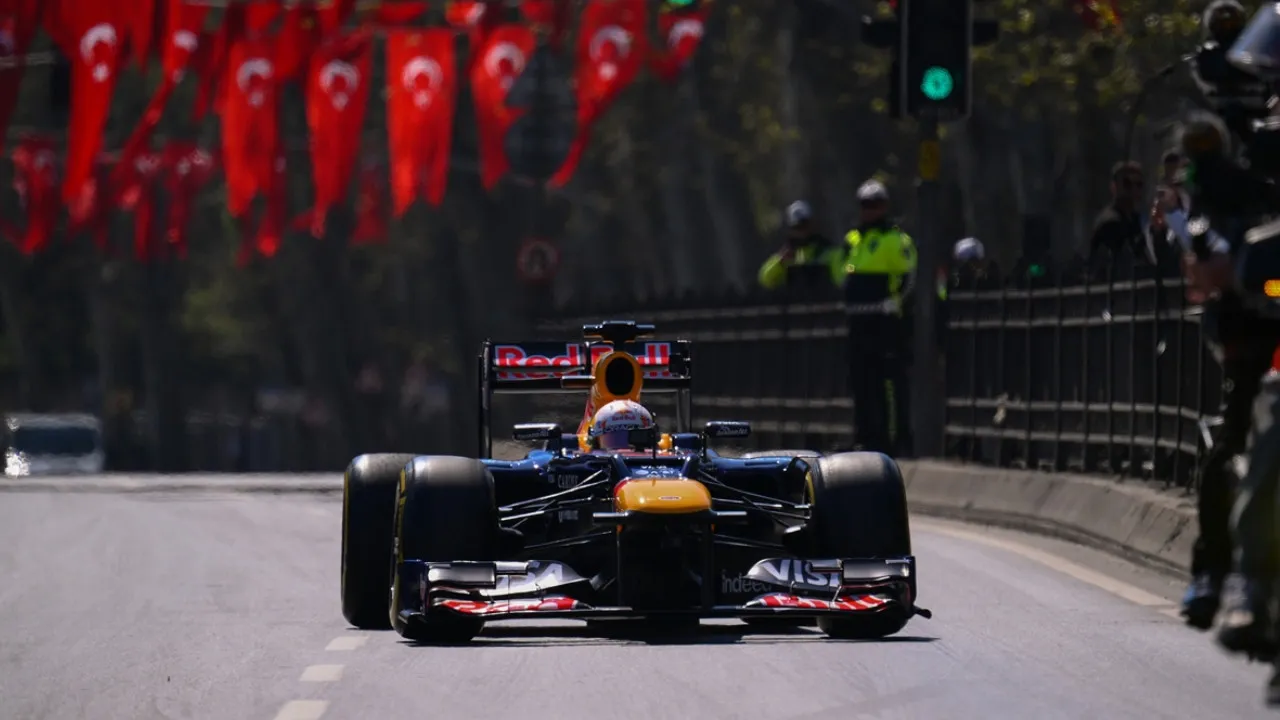Formula 1 car on the streets of Istanbul with Turkish flags
